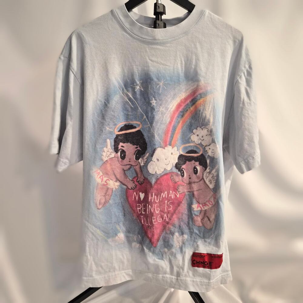 CHNGE Organic Cotton No Human Being Is Illegal Angel Graphic Tee L Light Blue